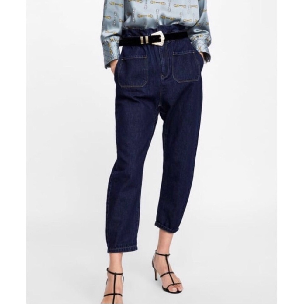 ZARA 1975 Denim Paper Bag Waist Front Patch pockets ballon tapered leg size 2.